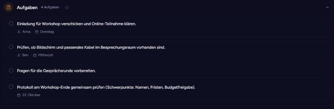 BonusVoice erkennt Annas Einladung bis Dienstag und Bens Technikprüfung bis Mittwoch.